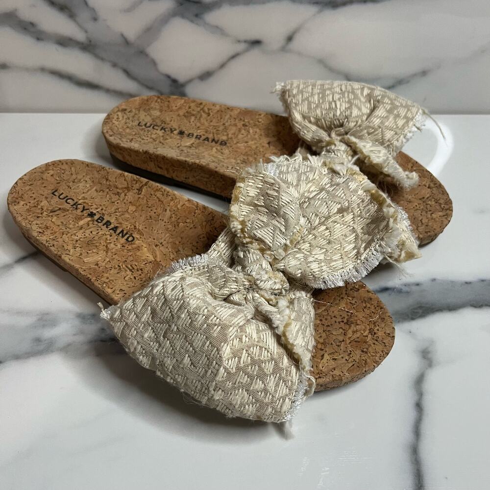 Lucky Brand Women's Cream Bow Cork Slide Floella Sandals Sz 6.5 Beachy Neutral